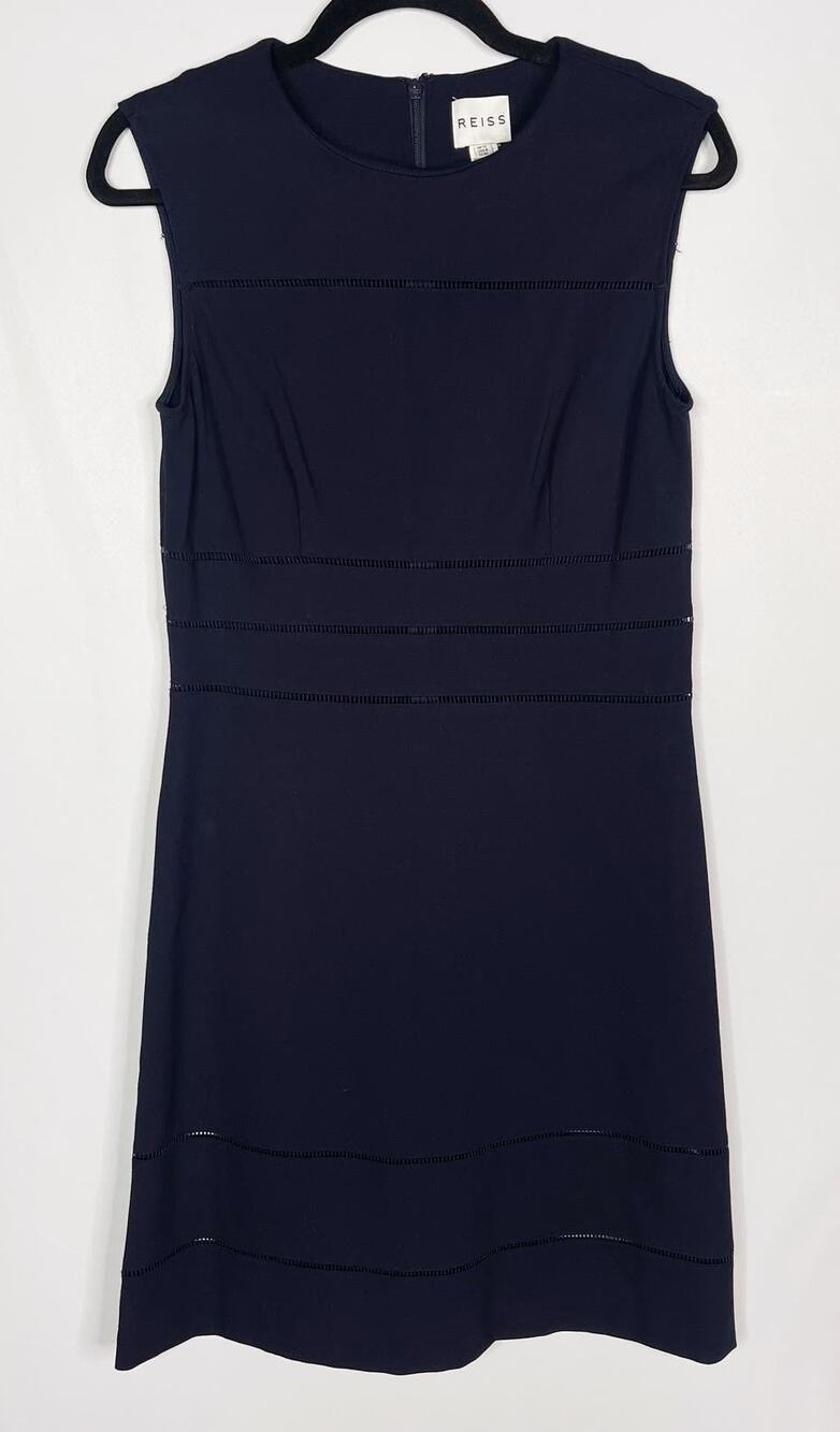 Reiss 8 Midnight Blue Neva Open Stitch Stripe Fit and Flare Dress Sleeveless